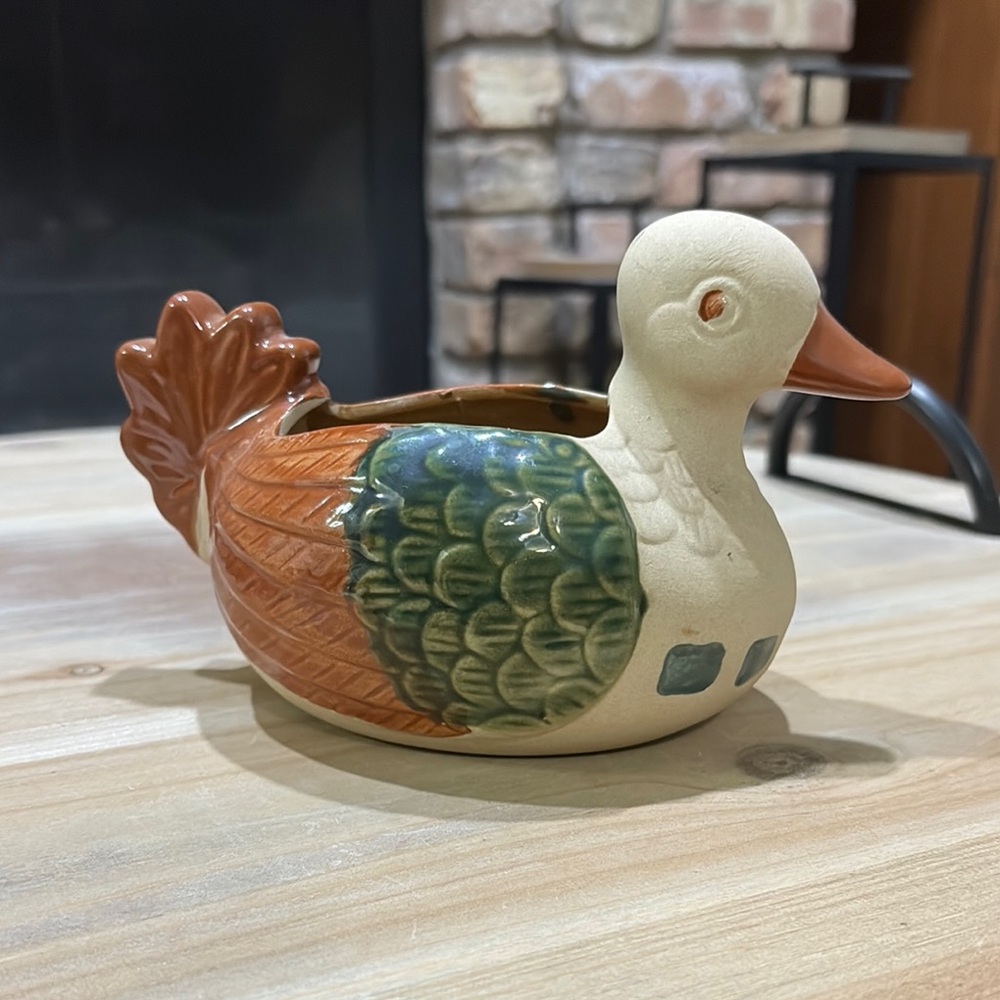 Vintage Clay Art Pottery Duck Planter Primitive Stoneware Glazed
